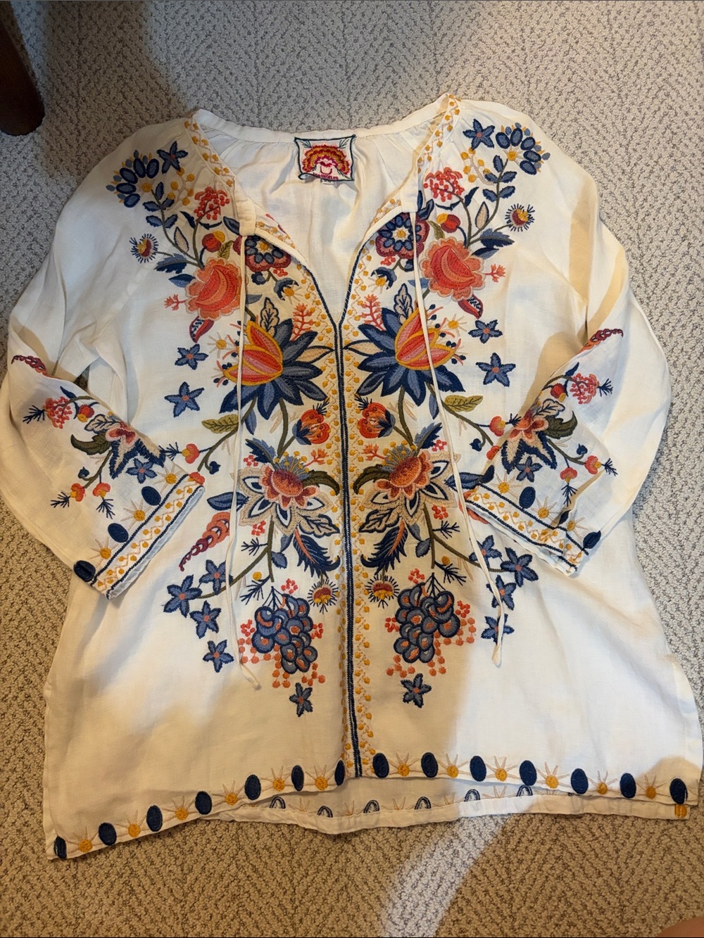 Johnny Was White Embroidered Floral Tunic with Navy & Coral Accents